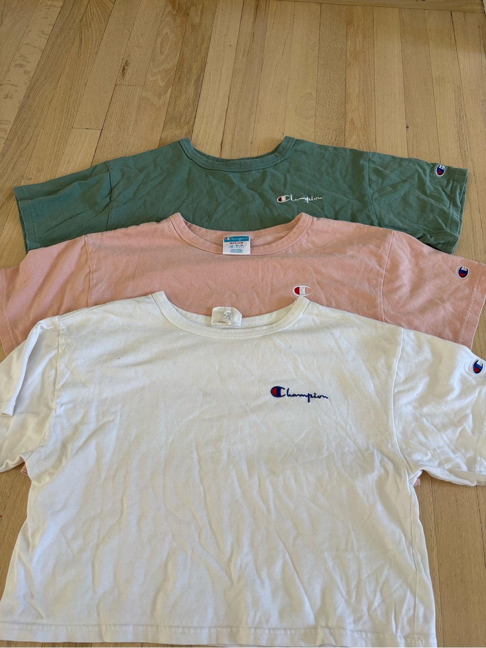 Champion Crew Neck Tee Set — White, Pink, and Sage Green